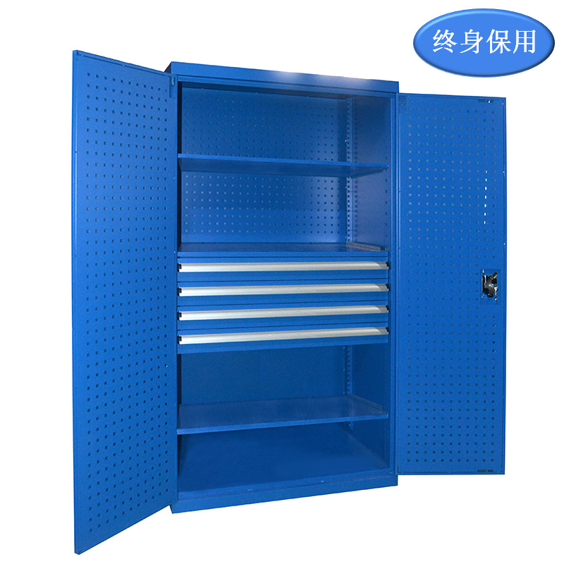 Raxwell 蓝色双开门带挂板置物柜（三层板四抽)，尺寸(长*宽*高mm):1000*600*1800