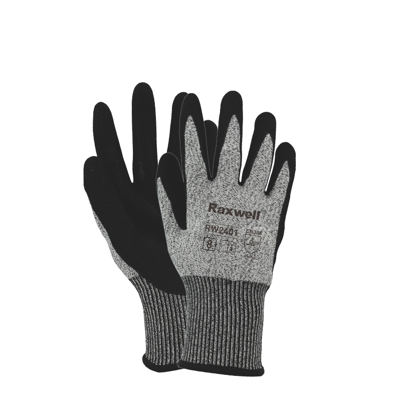 Raxwell HPPE 5级&Cut LevelD防切割手套, 10"/XL,丁腈磨砂，13针，1副/袋，120袋/箱