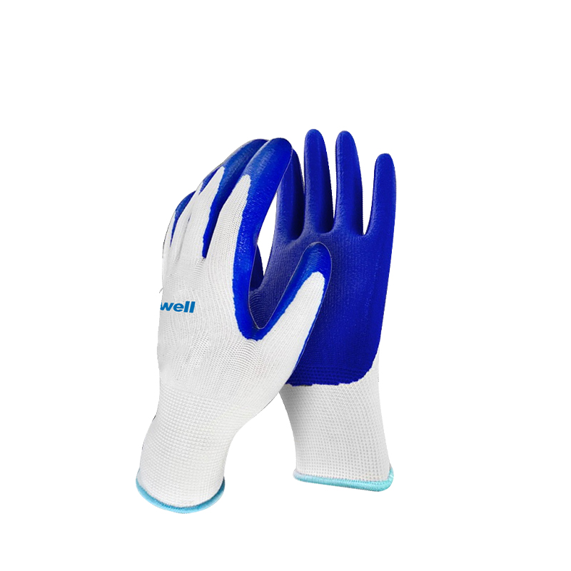 Raxwell 丁腈涂层手套，13针白涤纶蓝丁腈手套，掌浸，S码，12副/袋