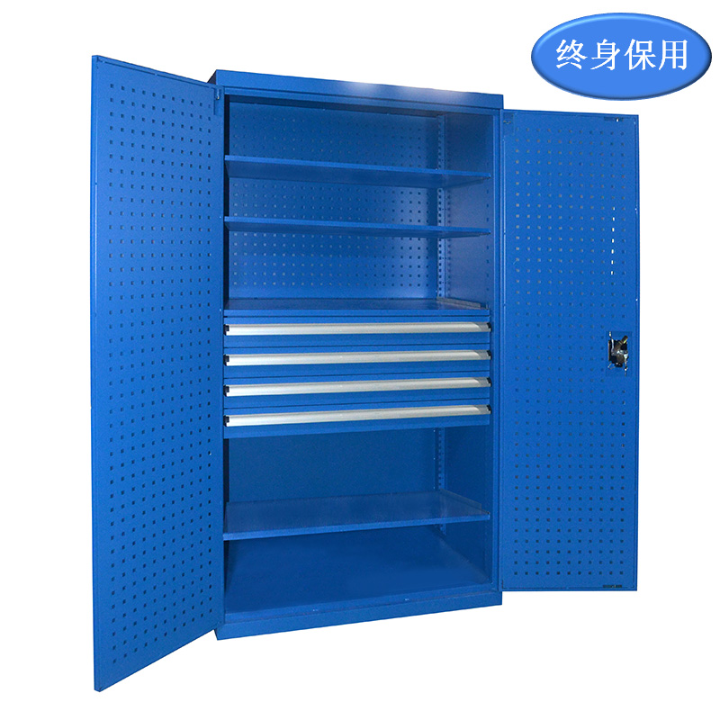 Raxwell 蓝色双开门带挂板置物柜(四层板四抽)，尺寸(长*宽*高mm)：1000*600*1800