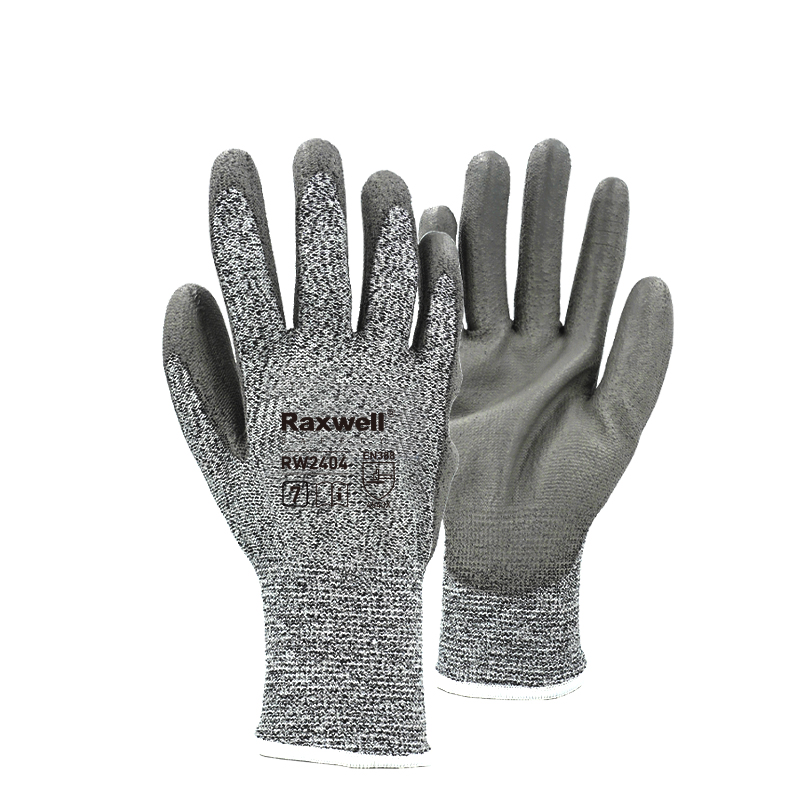 Raxwell HPPE3级防切割手套9"/L，PU涂层，13针，1副/袋，120袋/箱